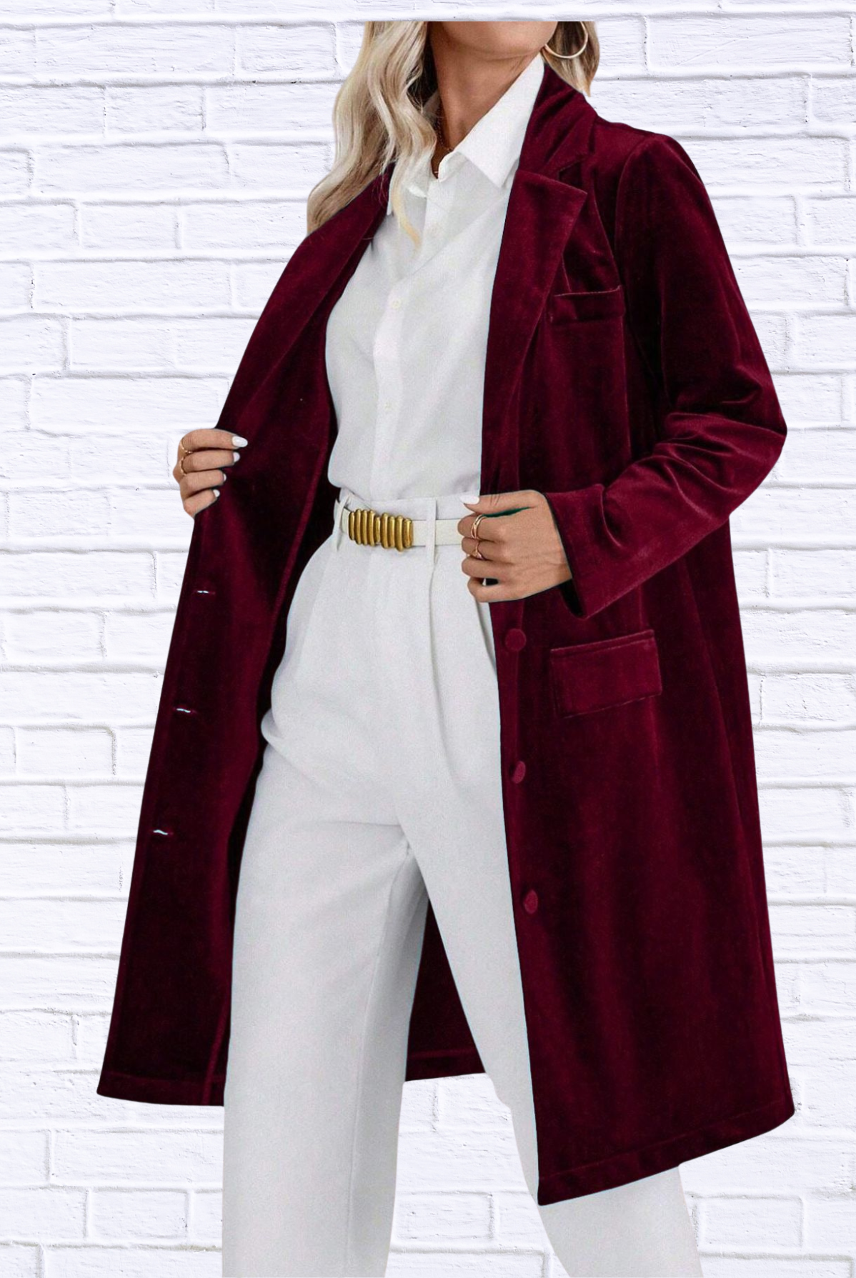 Lapel Collar Long Sleeve Longline Coat Burgundy