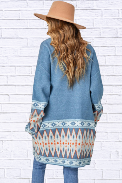 Aztec Print Open Front Knitted Cardigan Blue
