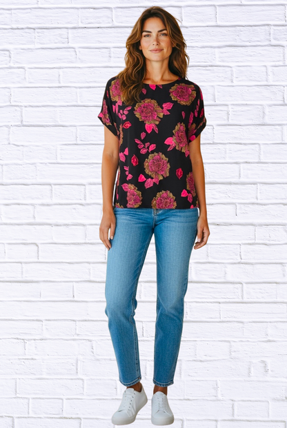 🌸 Black & Pink Floral Print Short Sleeve Blouse
