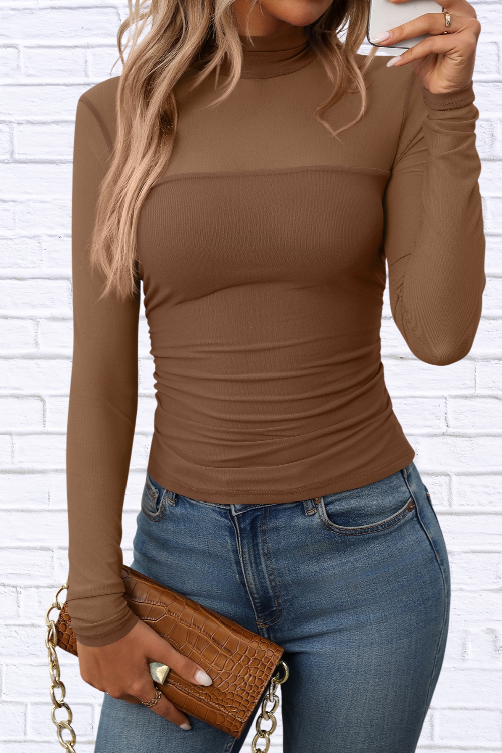 Mock Neck Long Sleeve Top Caramel S