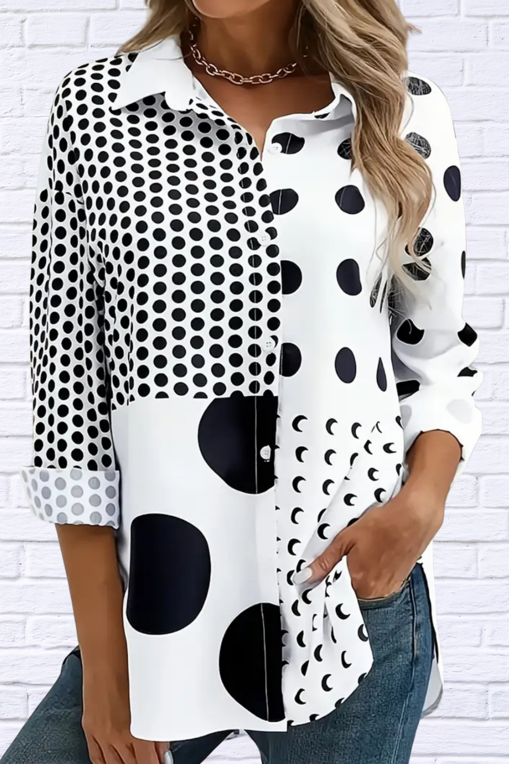 Artistic Black and White Collared Button-Up Shirt Extra large