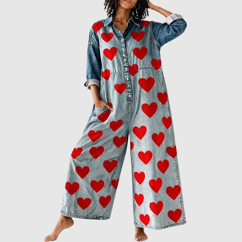 Elise Leroy Heart Print Denim Jumpsuit