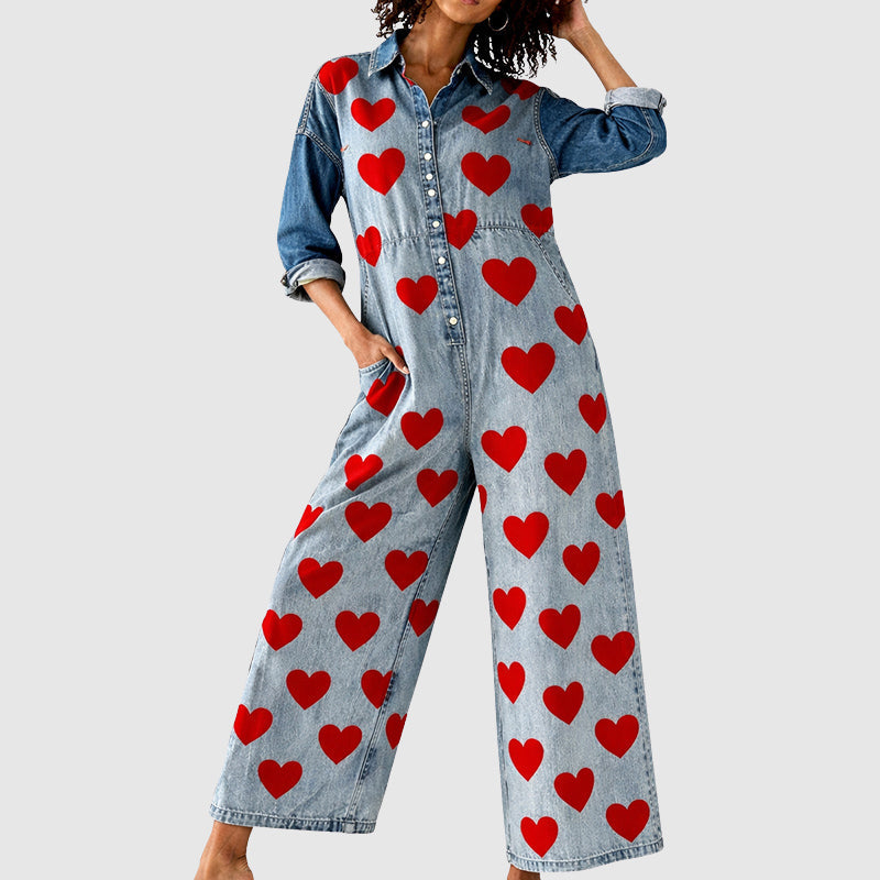 Elise Leroy Heart Print Denim Jumpsuit