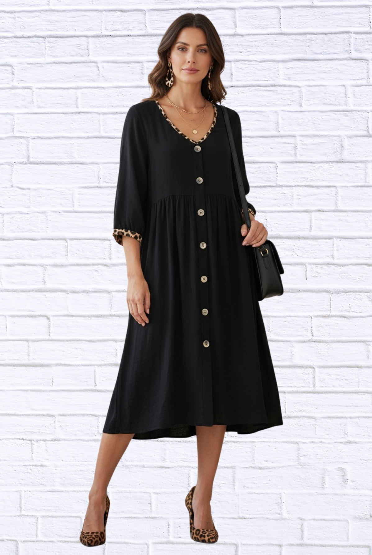 Umgee Black Baby Doll Dress – V-Neck Button-Down with Leopard Trim Detail Black