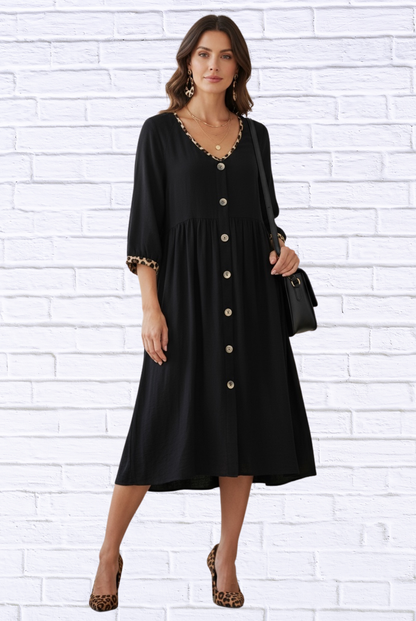 Umgee Black Baby Doll Dress – V-Neck Button-Down with Leopard Trim Detail Black