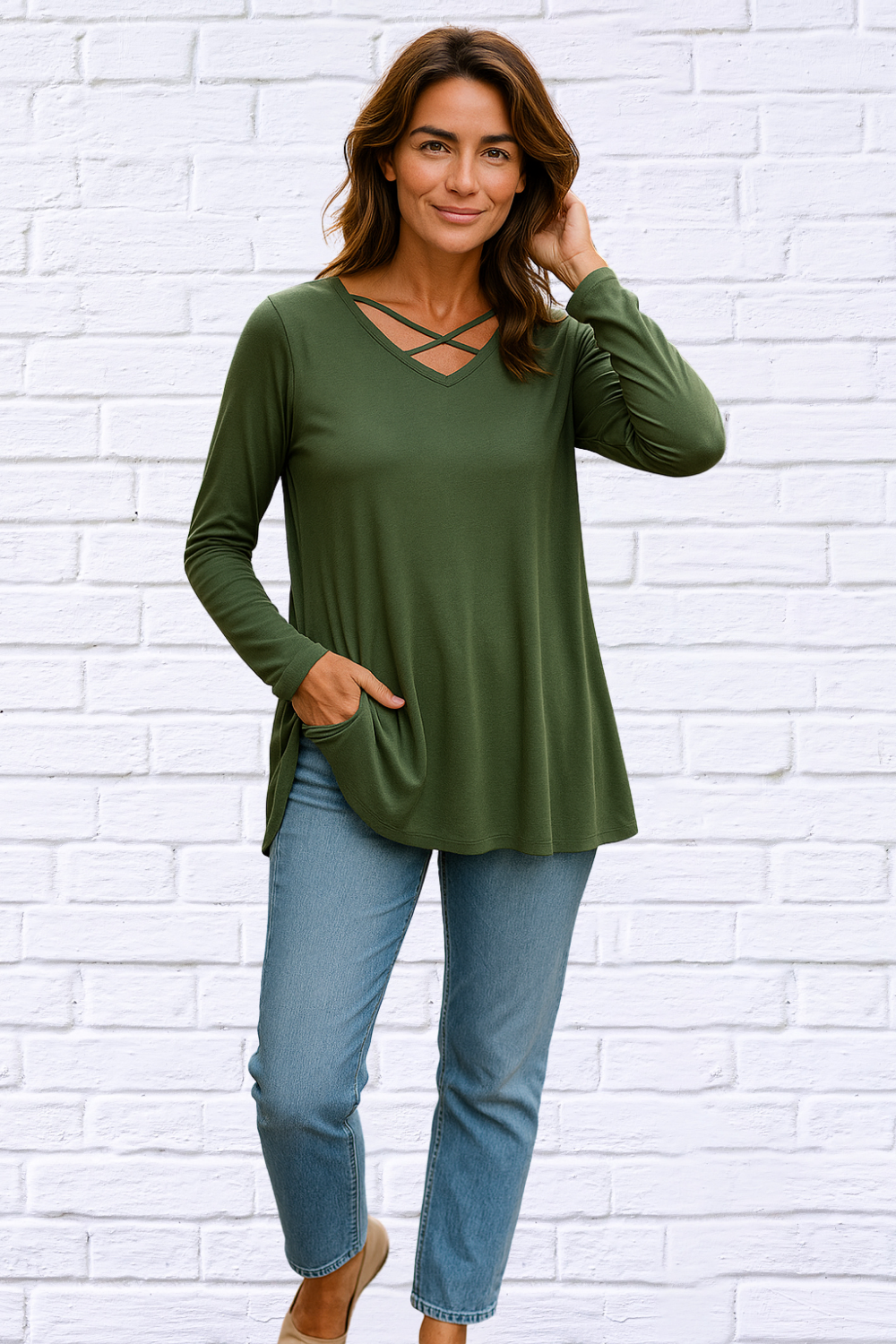 Olive Solid Long Sleeve Top with Criss Cross Front Medium