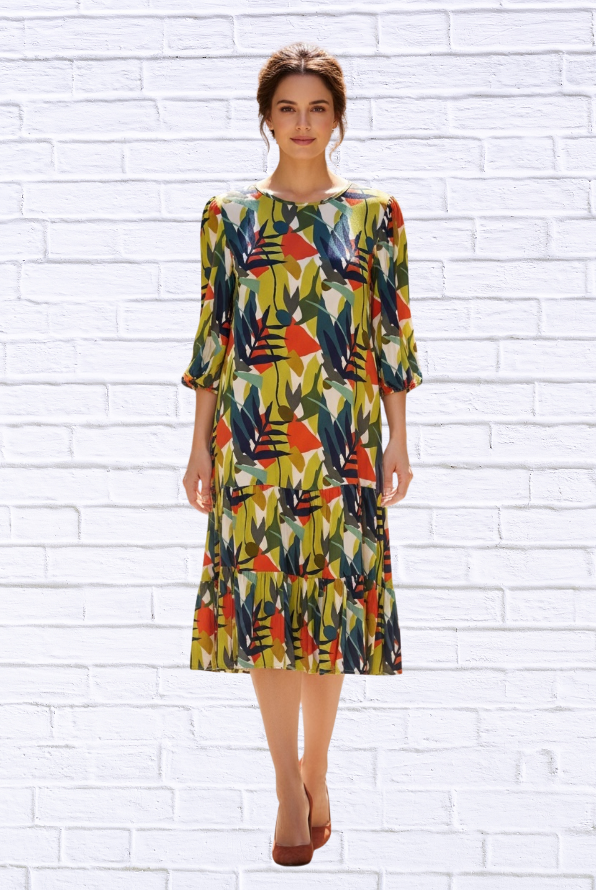 Women’s Abstract Leaf Print Woven Midi Dress – 3/4 Sleeve Tiered Hem Casual Chic Dres