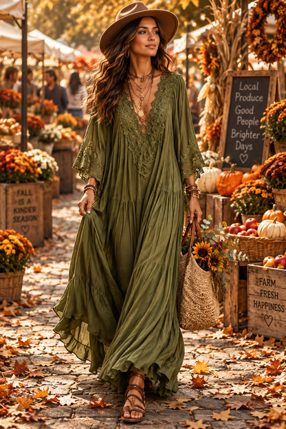 Lace Trim V-Neck Maxi Dress | Feminine Boutique Style