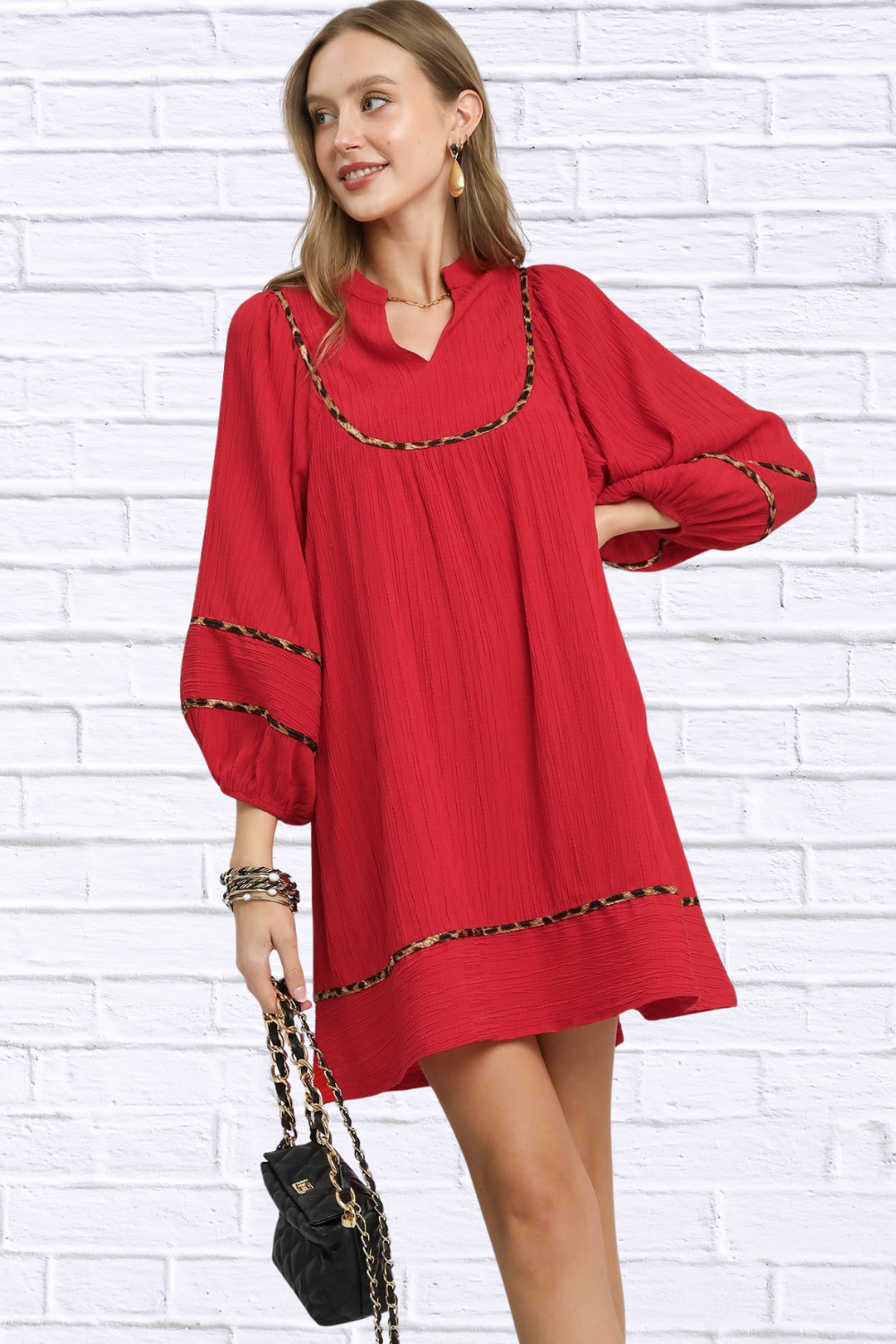Umgee Textured Babydoll Dress with Leopard Trim Red