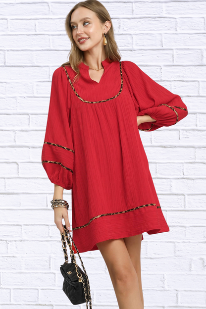 Umgee Textured Babydoll Dress with Leopard Trim Red