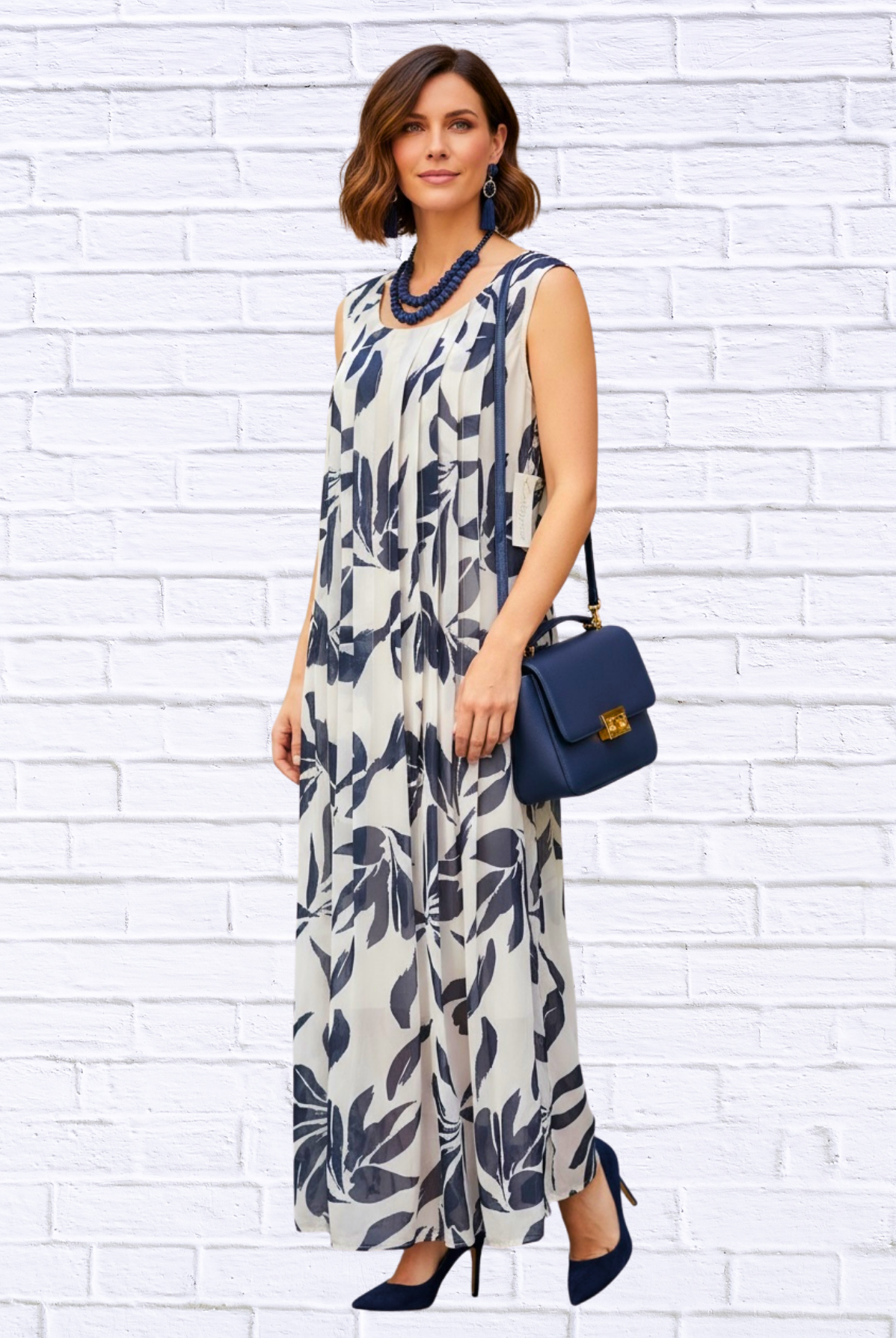 Chiffon Pleated Front Maxi Dress – Sleeveless Lined Elegant Flowing Dress Navy & White