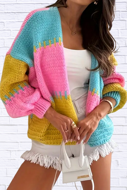 Color Block Drop Shoulder Cardigan Fuchsia Pink