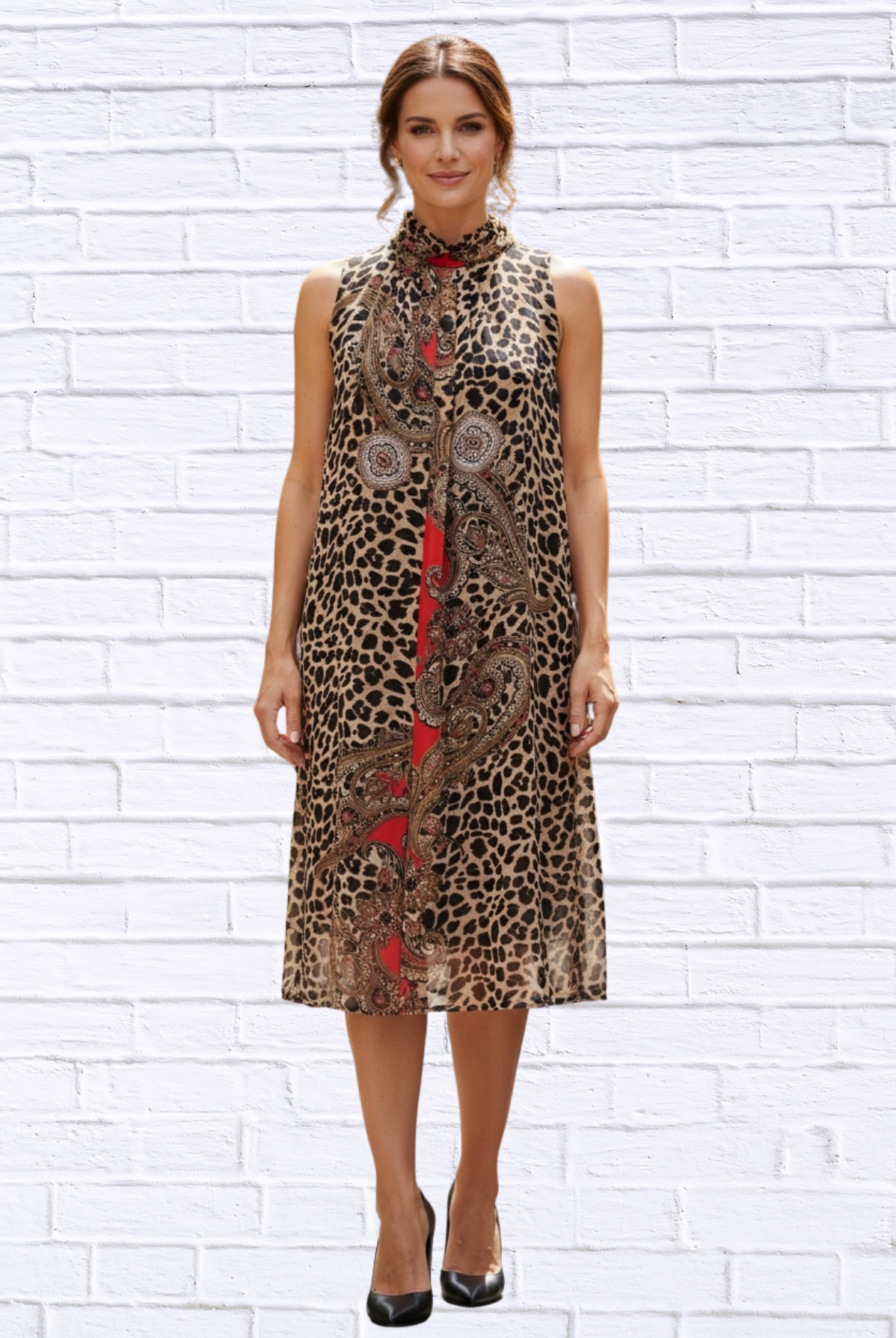 Animal and Paisley Print Sleeveless Maxi Dress – High Neck Bow Detail Flowy Woven Dress Animal less Red 34