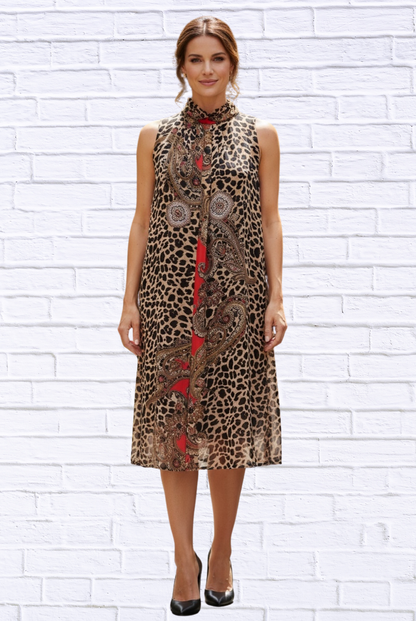 Animal and Paisley Print Sleeveless Maxi Dress – High Neck Bow Detail Flowy Woven Dress Animal less Red 34
