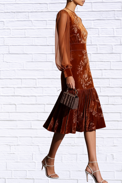 Velvet Floral Lantern Sleeve Midi Dress