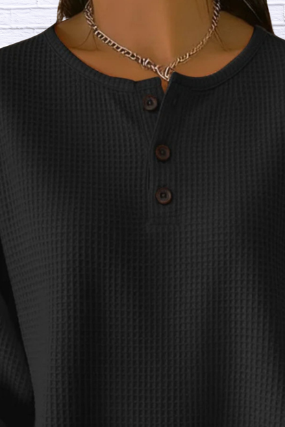 Full Size Waffle Knit Button Detail Top Plus Size