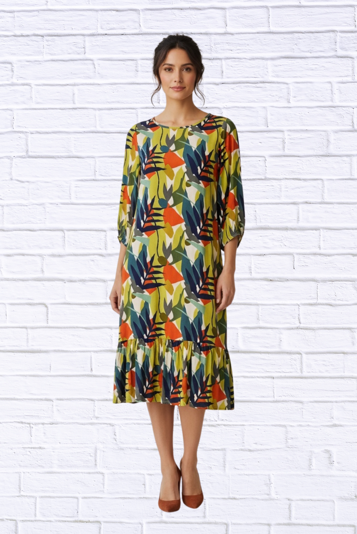 Women’s Abstract Leaf Print Woven Midi Dress – 3/4 Sleeve Tiered Hem Casual Chic Dres 42 Floral print