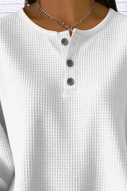 Full Size Waffle Knit Button Detail Top Plus Size Gray white M