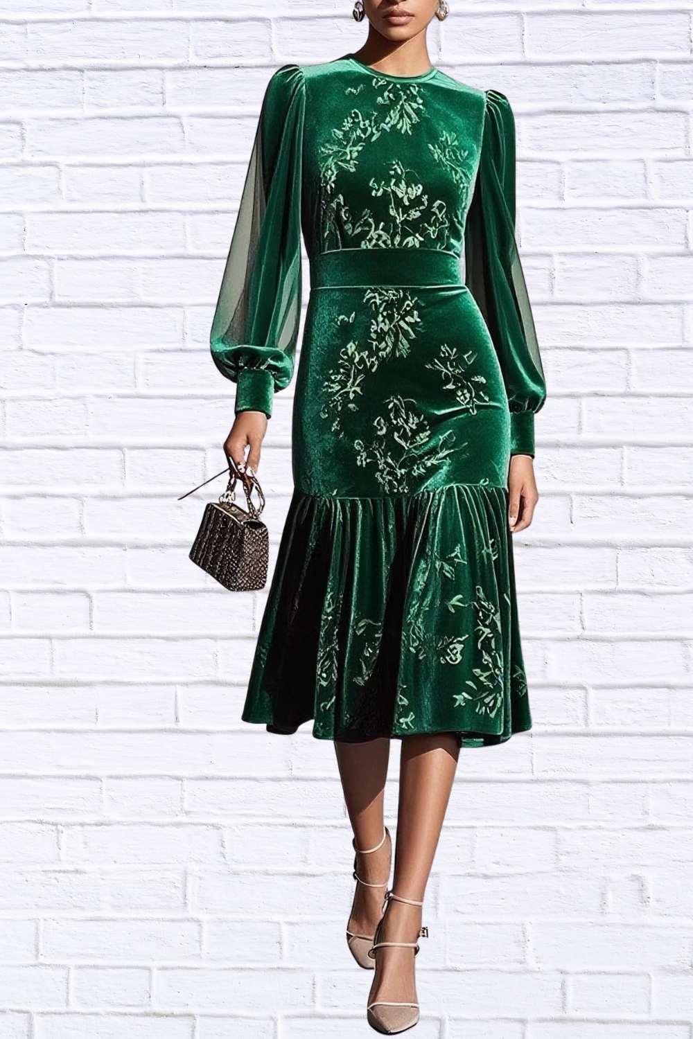 Velvet Floral Lantern Sleeve Midi Dress