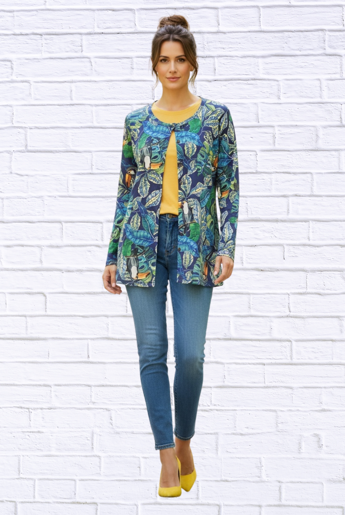 Tropical Print Button-Through Knit Cardi Top – Round Neck Lightweight Layering Piece Tropical Floral 34