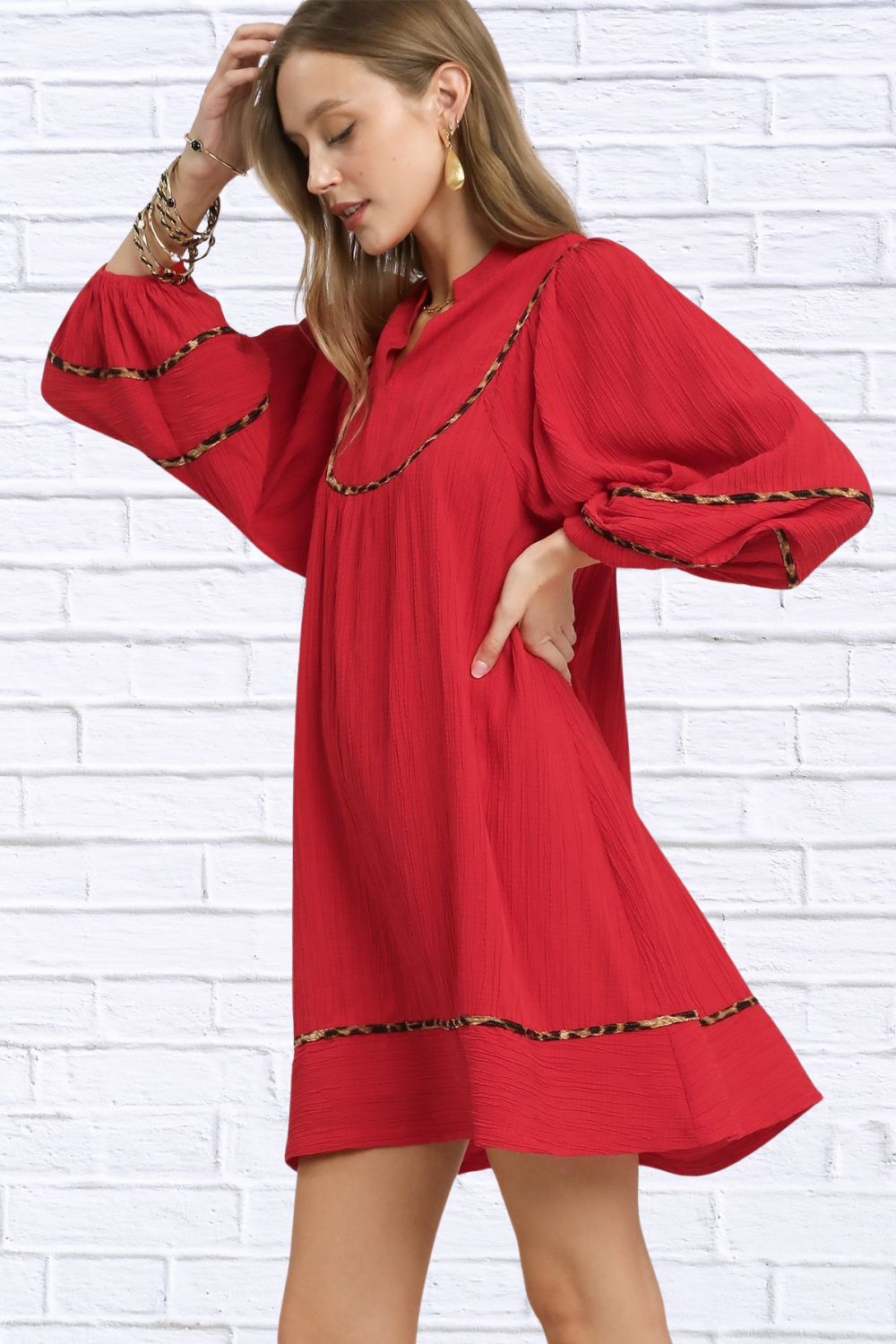 Umgee Textured Babydoll Dress with Leopard Trim