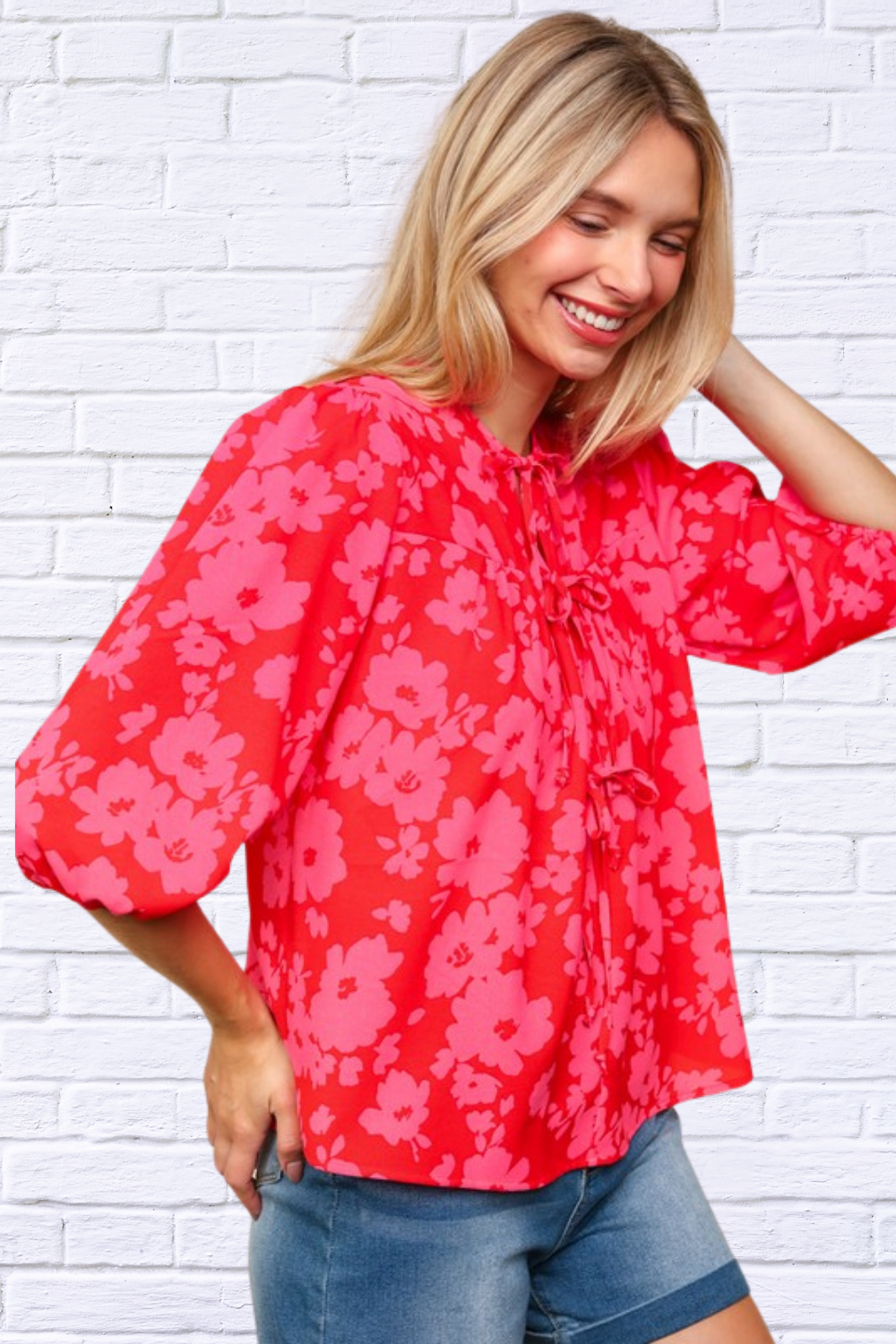 Full Size Ribbon Bow Floral Balloon Sleeve Blouse