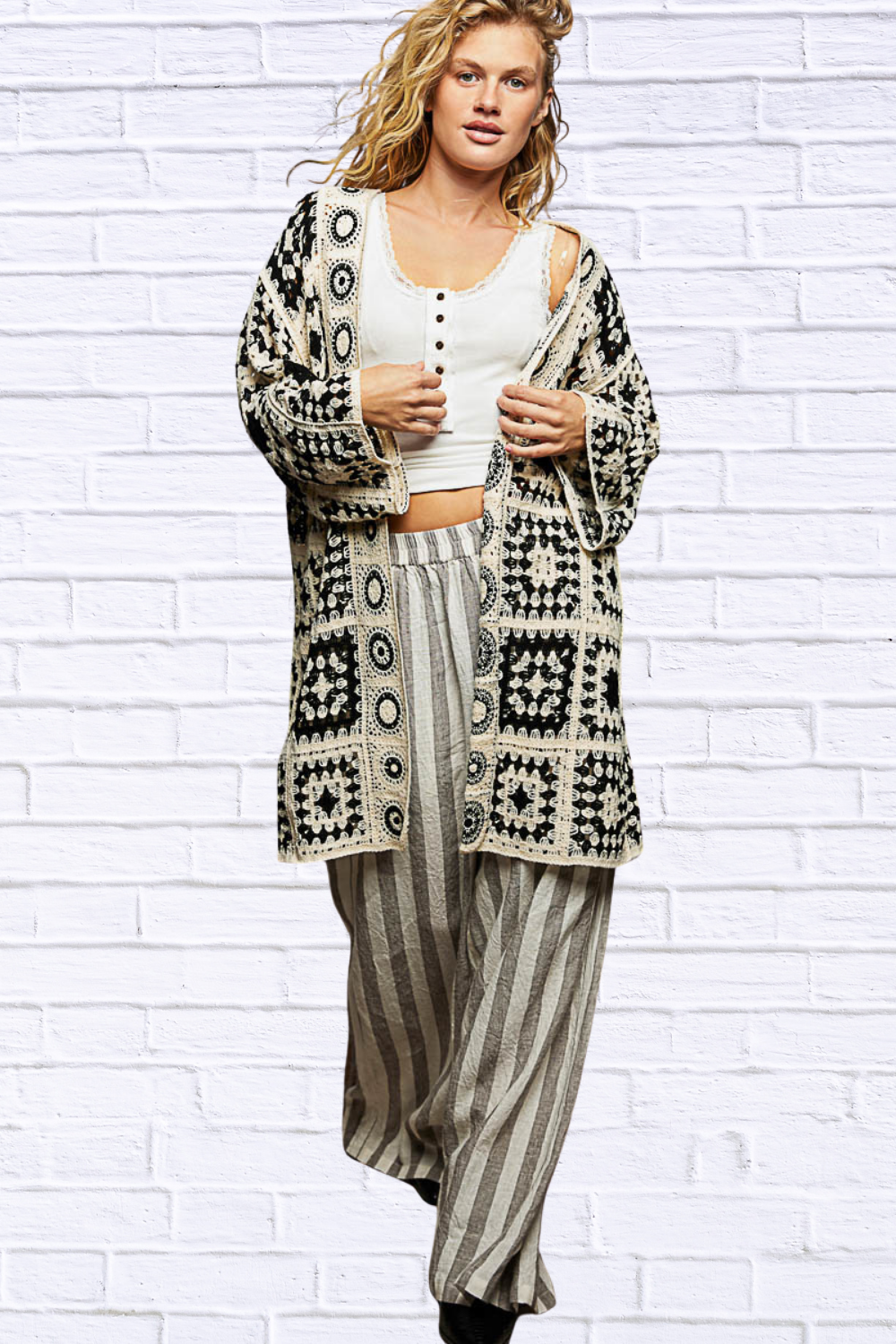 Open Front Crochet Cardigan with Granny Square Pattern