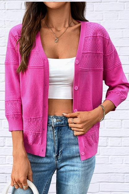 Textured Button-Front Cardigan with 3/4 Sleeves Hot Pink M
