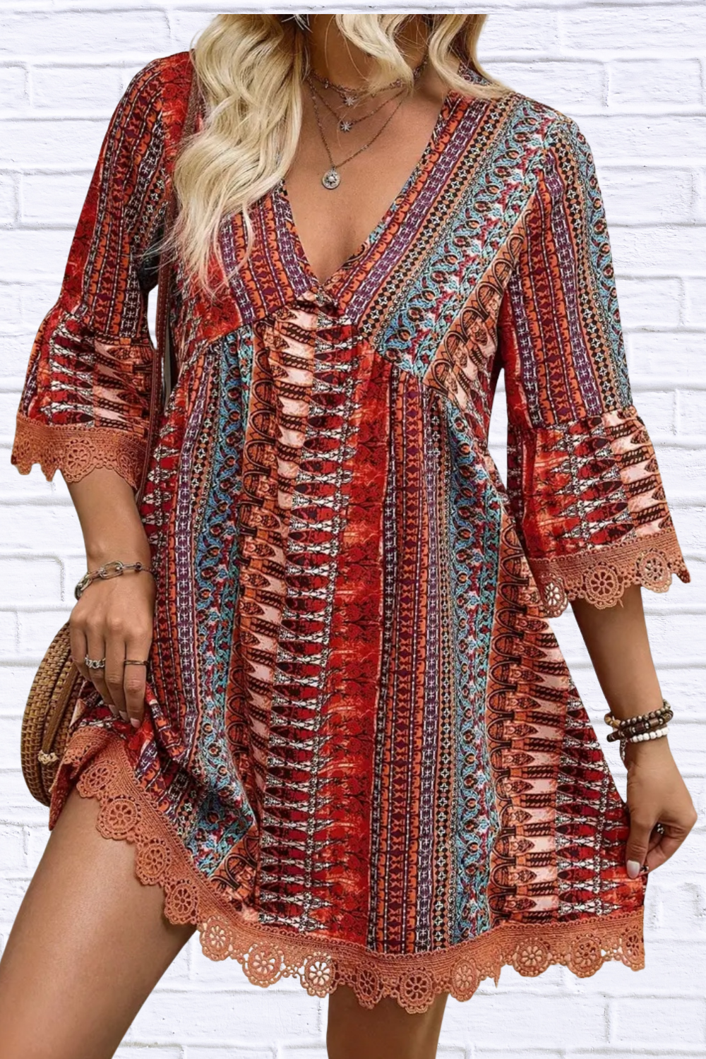 Lace Trim Printed V-Neck 3/4 Sleeve Dress
