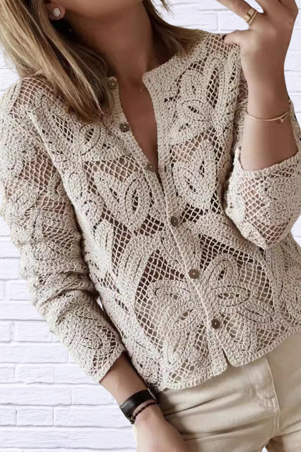 Lace Button-Up Long Sleeve Shirt Apricot