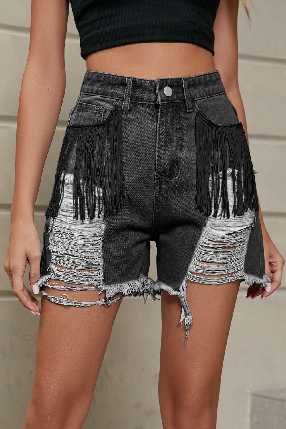 Fringe Trim Distressed Denim Shorts with Pockets