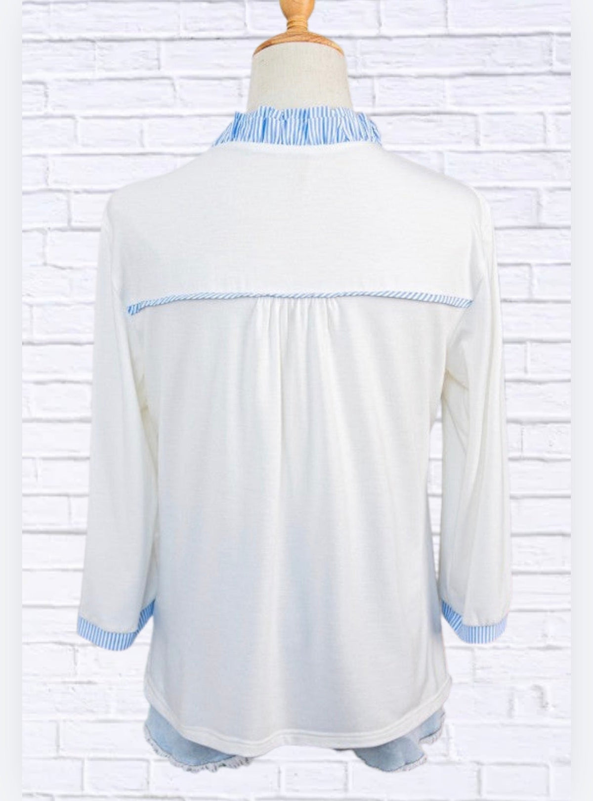 Stripe Patchwork Frilled V-Neck 3/4 Sleeve Blouse