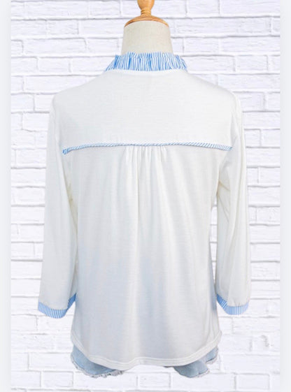 Stripe Patchwork Frilled V-Neck 3/4 Sleeve Blouse