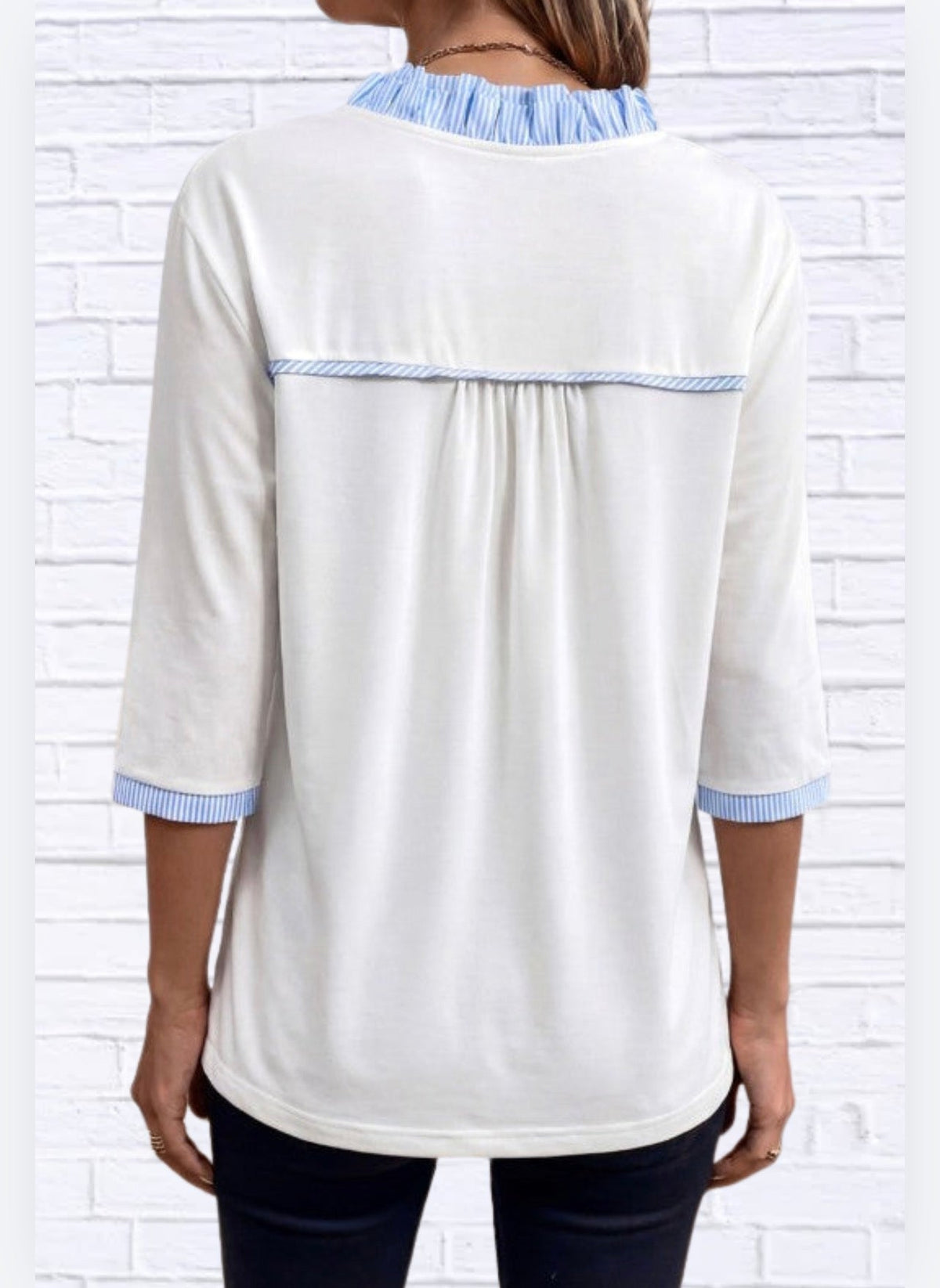 Stripe Patchwork Frilled V-Neck 3/4 Sleeve Blouse