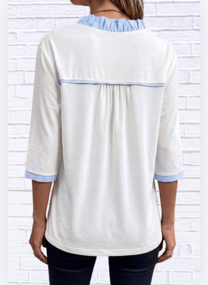 Stripe Patchwork Frilled V-Neck 3/4 Sleeve Blouse