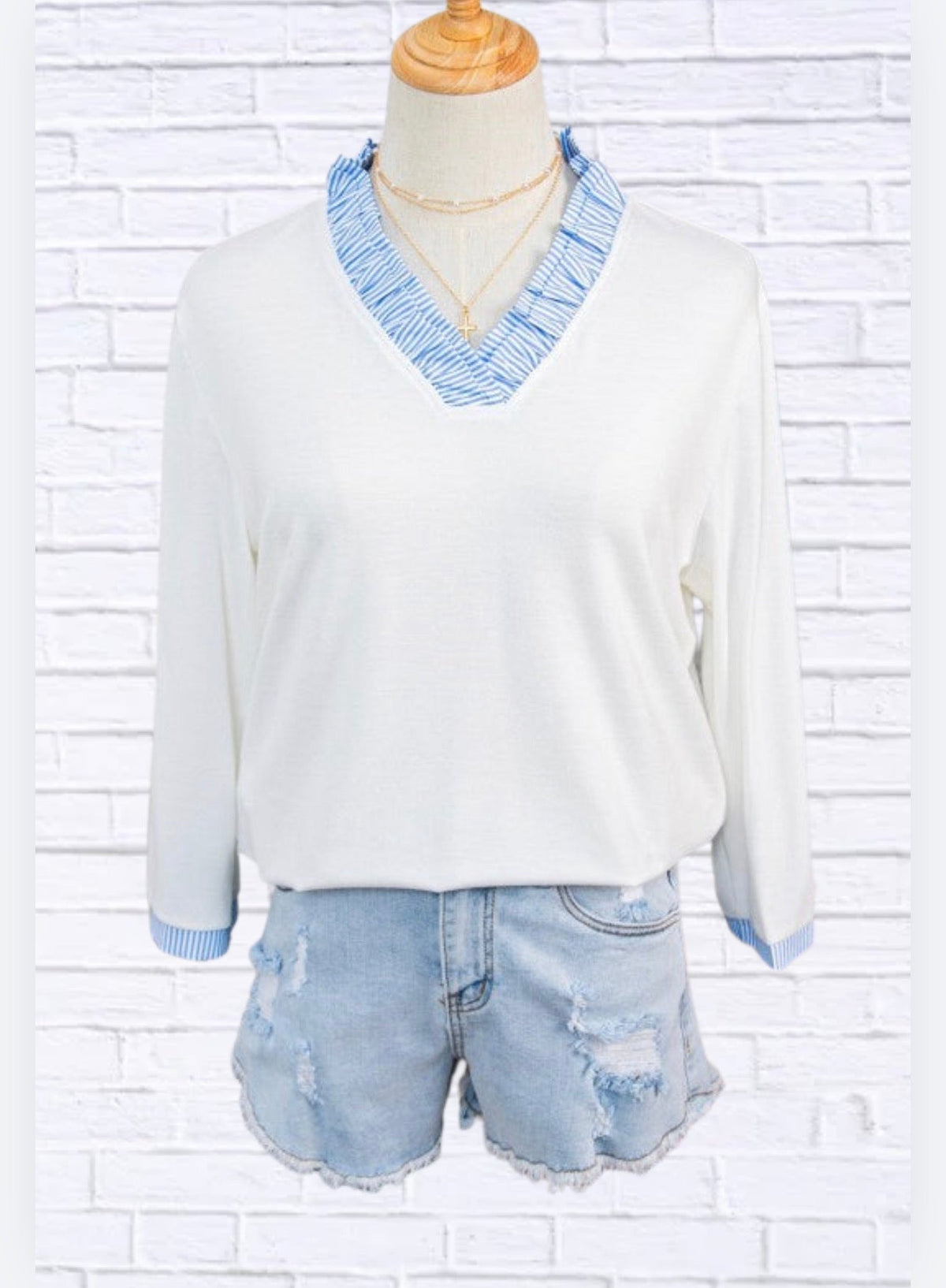 Stripe Patchwork Frilled V-Neck 3/4 Sleeve Blouse