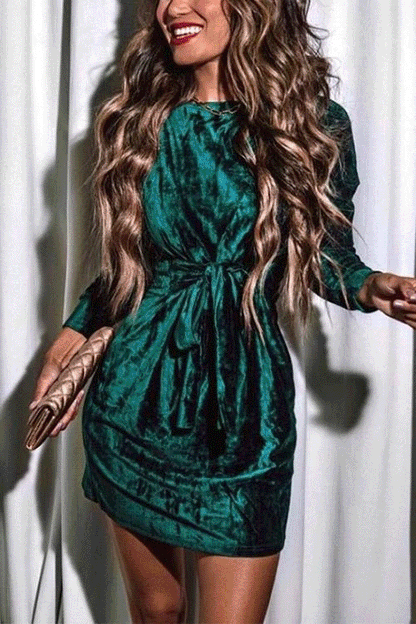Tie Waist Velvet Holiday Dress(in 4 Colors)
