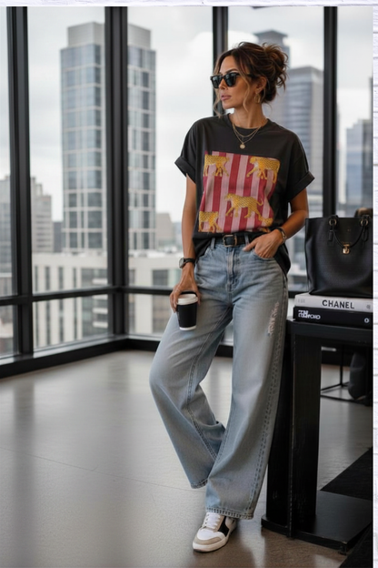 Cheetah Striped Print Retro Graphic Tee for Women
