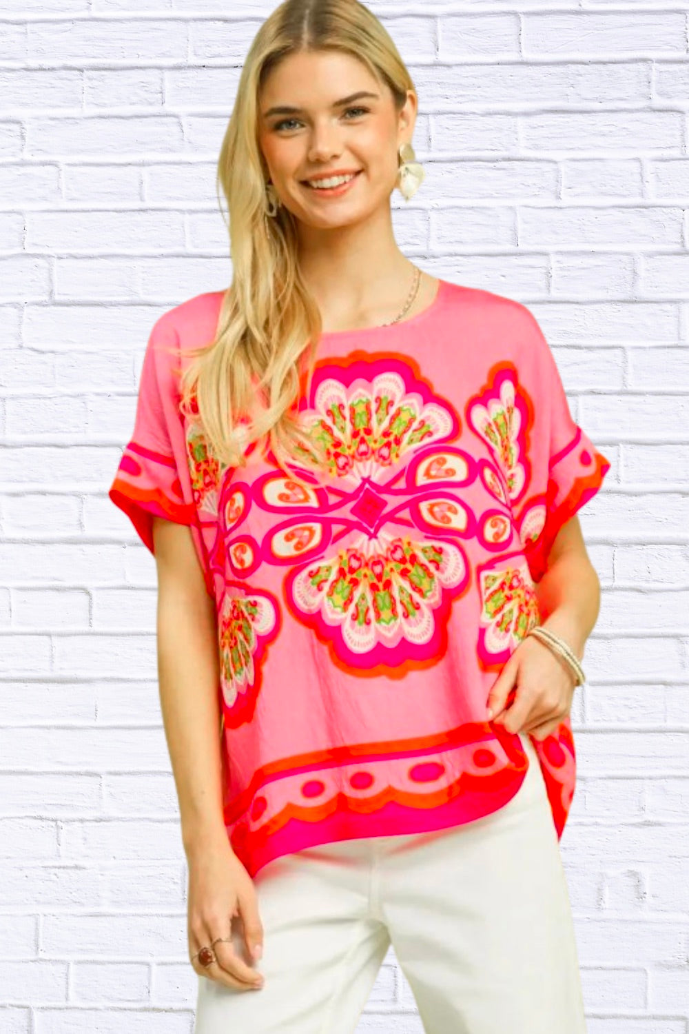 Pink Boho Print Blouse for Women | Boutique Statement Top