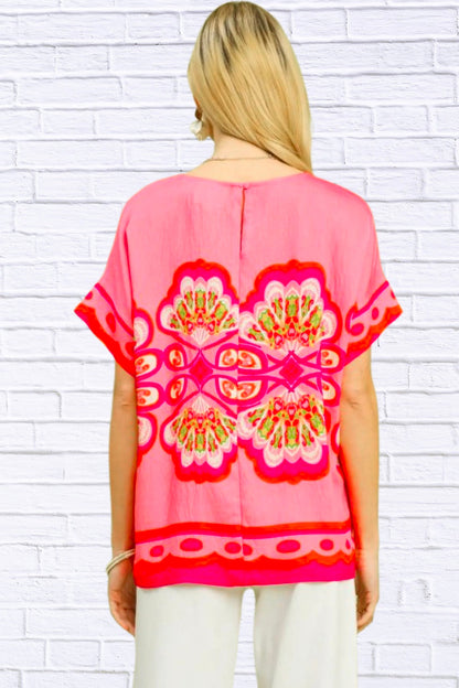 Pink Boho Print Blouse for Women | Boutique Statement Top