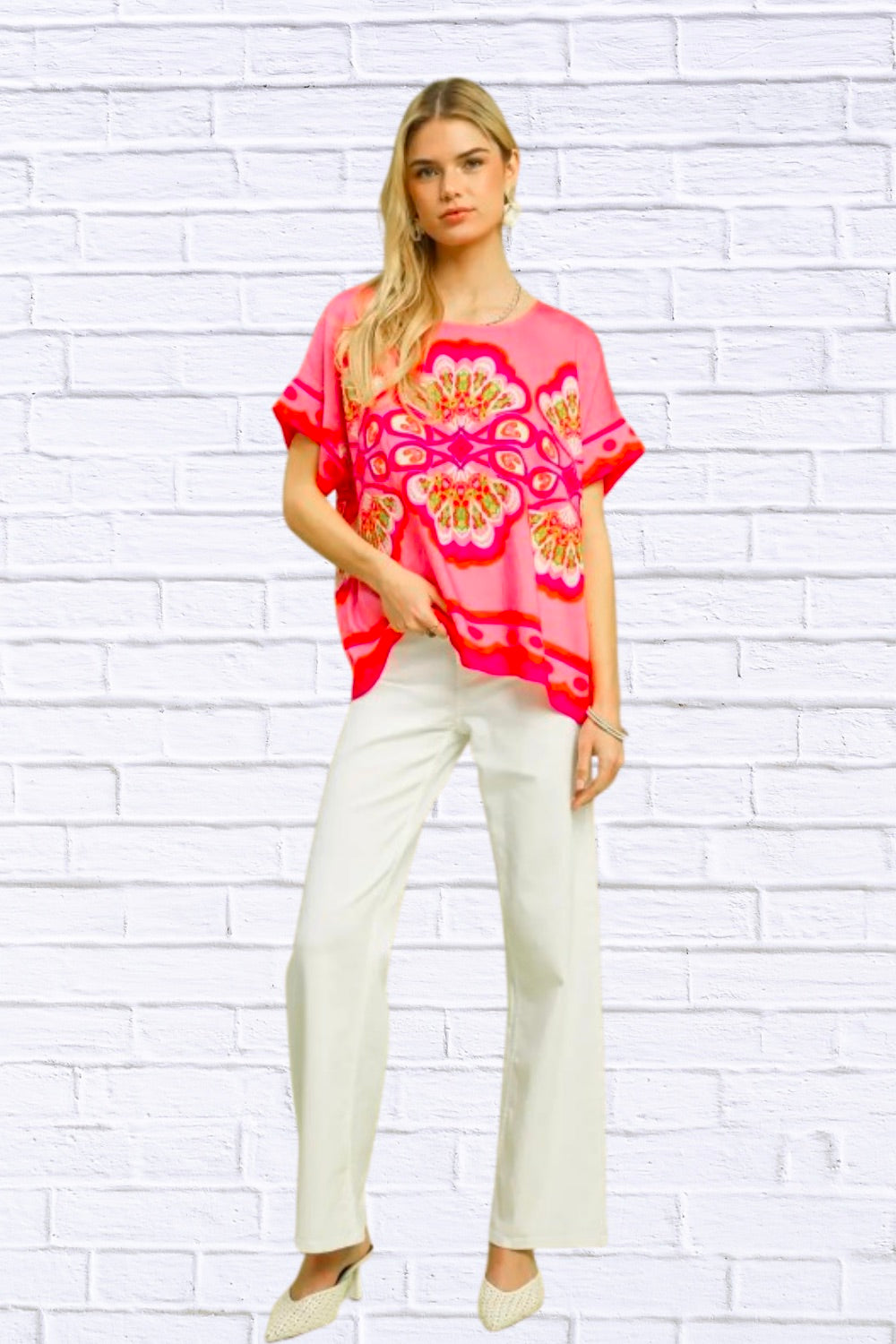 Pink Boho Print Blouse for Women | Boutique Statement Top