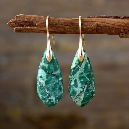 Gemstone Water Drop Earrings Jasper Natural Sea Sediment Earring green - gold Boho