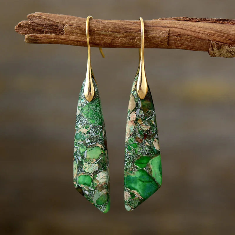 Imperial Jasper Leaf Pendant Dangle Drop Earrings Jewelry Green gold Boho
