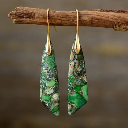 Imperial Jasper Leaf Pendant Dangle Drop Earrings Jewelry Green gold Boho