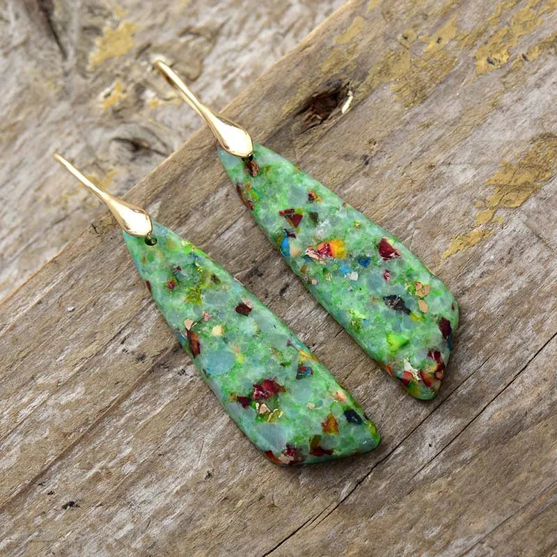 Silver Plated Geometric Gemstone Jasper Earrings Green Gold Boho