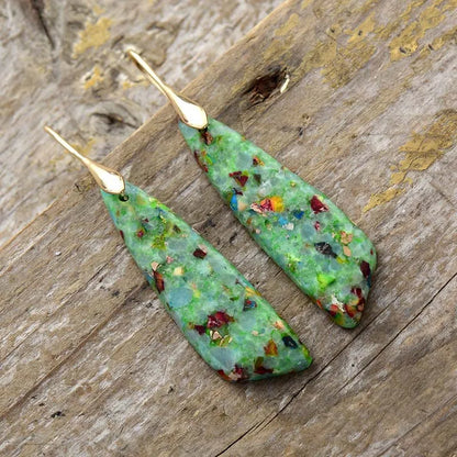 Silver Plated Geometric Gemstone Jasper Earrings Green Gold Boho