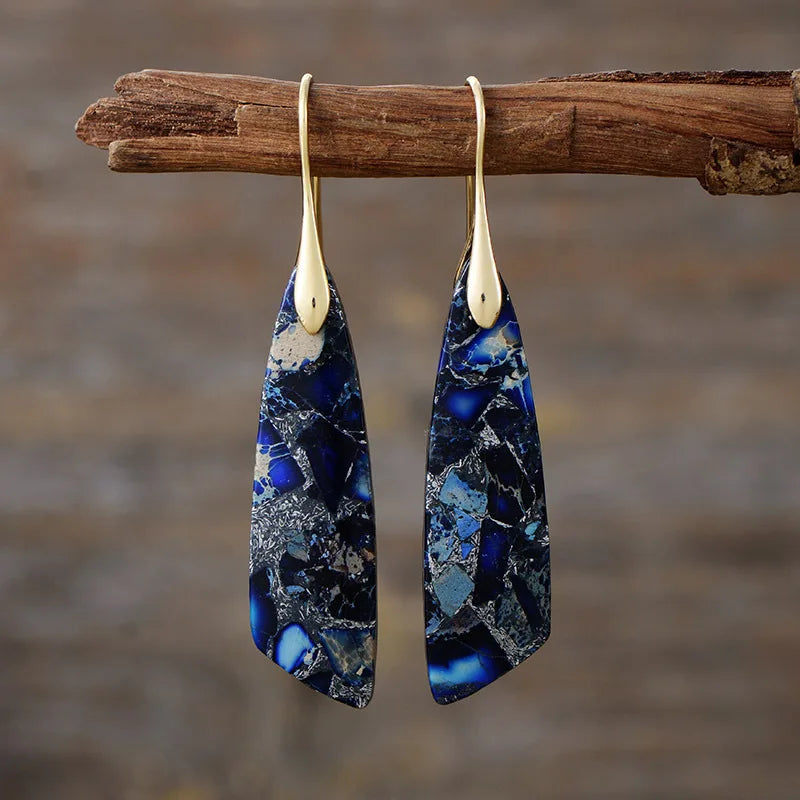 Imperial Jasper Leaf Pendant Dangle Drop Earrings Jewelry Dark blue gold Boho
