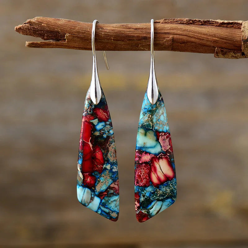 Silver Plated Geometric Gemstone Jasper Earrings Red Blue Silver Boho