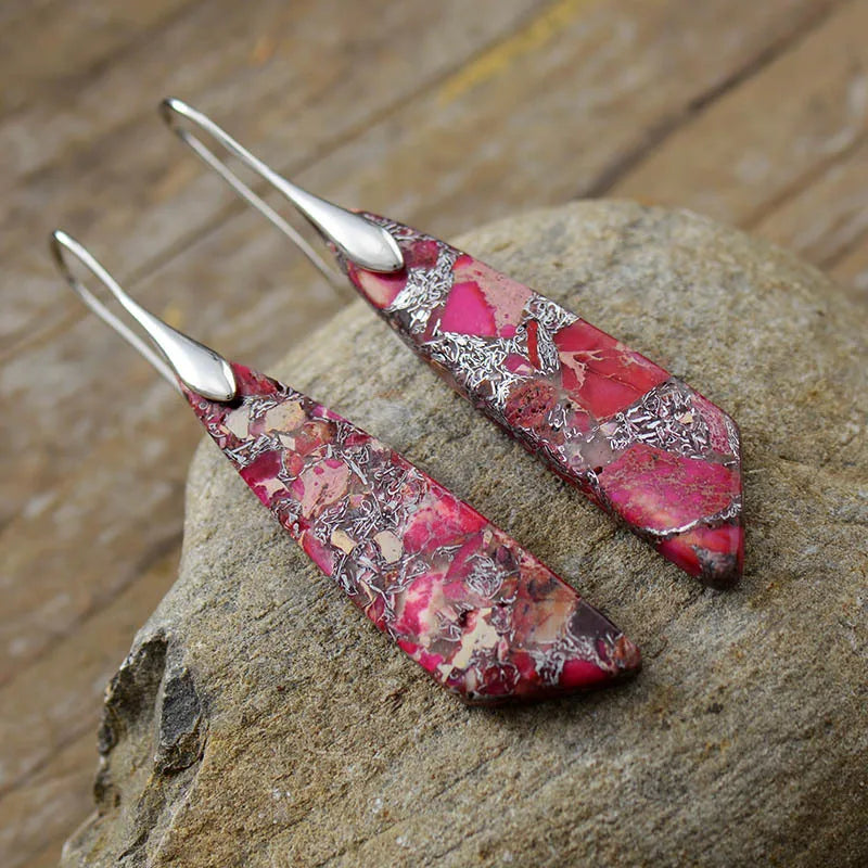 Imperial Jasper Leaf Pendant Dangle Drop Earrings Jewelry Red silver Boho