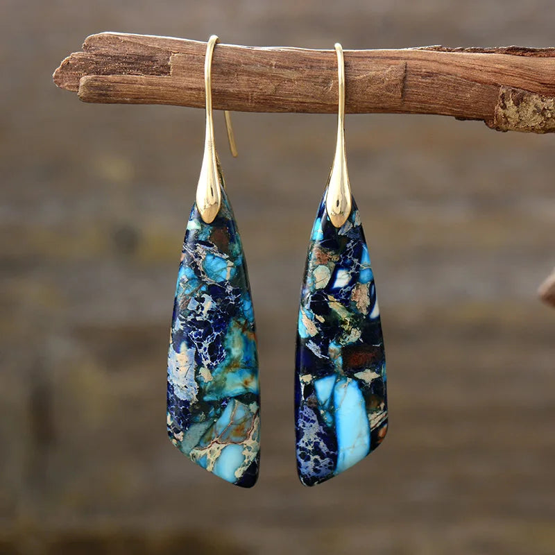 Silver Plated Geometric Gemstone Jasper Earrings Blue Gold Boho